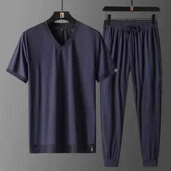 Летний мужской тонкий спортивный повседневный костюм большого размера 6XL темно-синий