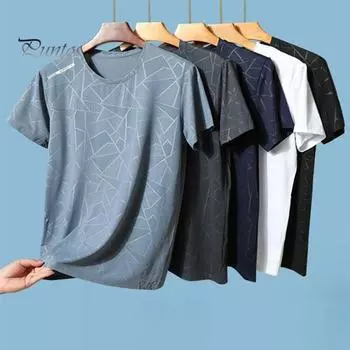 Летний мужской топ из ледяного шелка, быстросохнущий, с короткими рукавами, плюс размер, с круглым вырезом, свободный однотонный тонкий высокоэластичный повседневный пуловер, повседневная спортивная футболка L темно-синий