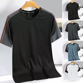 Летний мужской топ из ледяного шелка, быстросохнущий, с короткими рукавами, с круглым вырезом, свободный контрастного цвета, тонкий дышащий, эластичный, повседневный пуловер, повседневная спортивная футболка L чёрный