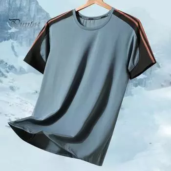 Летний мужской топ из ледяного шелка, быстросохнущий, с короткими рукавами, с круглым вырезом, свободный контрастного цвета, тонкий дышащий, эластичный, повседневный пуловер, повседневная спортивная футболка L чёрный