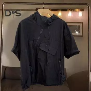 Летний мужской топ на молнии с ремешком Декор Свободный капюшон с короткими рукавами Сплошной цвет Хип-хоп Уличная одежда с клапаном Карманный декор Вечеринка Клубная толстовка M хаки