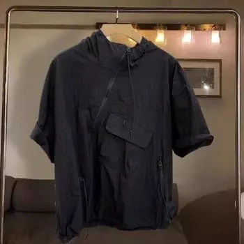 Летний мужской топ на молнии с ремешком Декор Свободный капюшон с короткими рукавами Сплошной цвет Хип-хоп Уличная одежда с клапаном Карманный декор Вечеринка Клубная толстовка XL чёрный