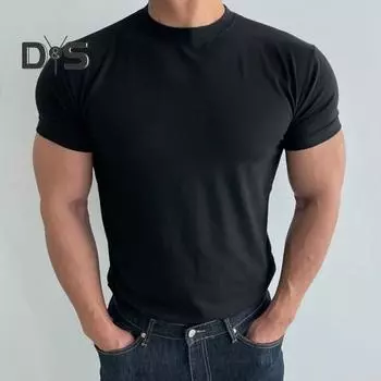 Летний мужской топ, поглощающий пот, быстросохнущий, с короткими рукавами, с круглым вырезом, приталенный, однотонный, тонкий, дышащий, эластичный, повседневный пуловер, спортивный топ для ежедневного фитнеса L серый