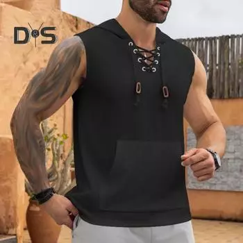 Летний мужской топ с капюшоном на шнуровке, однотонный пуловер без рукавов, жаккардовый трикотаж, повседневная одежда, толстовка средней длины L белый