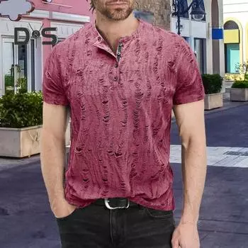 Летний мужской топ с короткими рукавами, круглым вырезом, рваными отверстиями и пуговицами, однотонная рубашка в американском стиле для повседневной носки и путешествий S