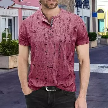 Летний мужской топ с короткими рукавами, круглым вырезом, рваными отверстиями и пуговицами, однотонная рубашка в американском стиле для повседневной носки и путешествий S
