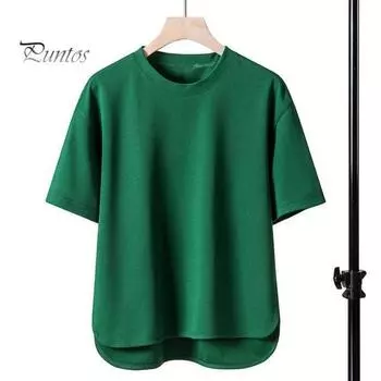 Летний мужской топ с круглым вырезом, свободный нерегулярный разделенный подол, с короткими рукавами, сплошной цвет, тонкий пуловер, эластичный повседневный пуловер, повседневная спортивная футболка M светло-коричневого