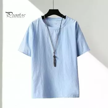 Летний мужской топ с круглым вырезом, свободный однотонный тонкий пуловер с короткими рукавами, эластичный повседневный пуловер средней длины, повседневная спортивная футболка M светло-синий