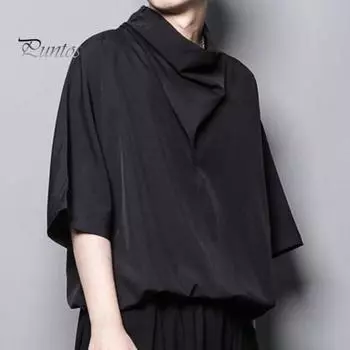 Летний мужской топ с половиной рукава, свободный индивидуальный нерегулярный воротник с ворсом, сплошной цвет, тонкая уличная одежда в стиле хип-хоп, повседневная молодежная рубашка L чёрный