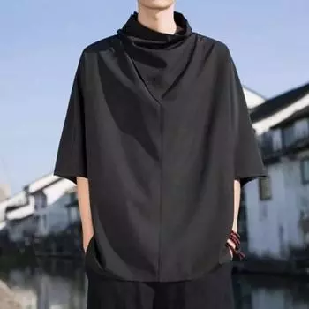 Летний мужской топ с половиной рукава, свободный индивидуальный нерегулярный воротник с ворсом, сплошной цвет, тонкая уличная одежда в стиле хип-хоп, повседневная молодежная рубашка L чёрный