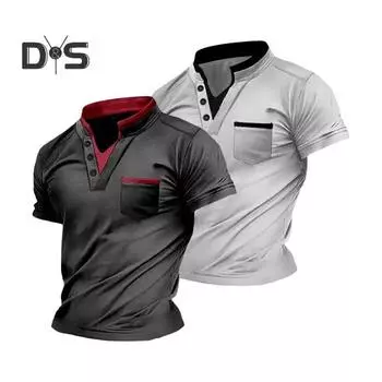 Летний мужской топ с v-образным вырезом и короткими рукавами, имитация двух частей, нагрудный карман, мягкий дышащий тонкий пуловер в стиле ретро, эластичный средней длины, быстросохнущая повседневная футболка S светло-серый