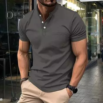 Летний мужской топ с V-образным вырезом и пуговицами, воротник-стойка с короткими рукавами, приталенный сплошной цвет, мягкая дышащая рубашка средней длины, повседневная официальная деловая рубашка S армия зеленый