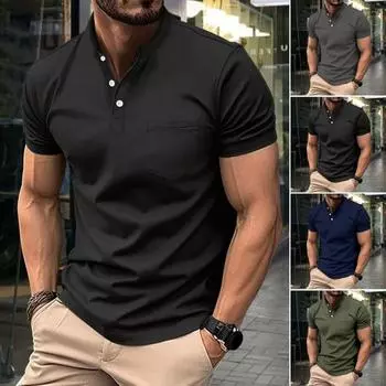 Летний мужской топ с V-образным вырезом и пуговицами, воротник-стойка с короткими рукавами, приталенный сплошной цвет, мягкая дышащая рубашка средней длины, повседневная официальная деловая рубашка XL серый