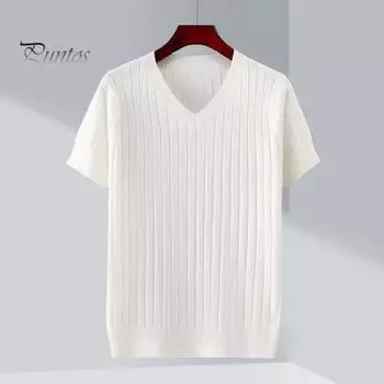 Летний мужской топ с V-образным вырезом, вязаный облегающий крой с короткими рукавами, тонкий однотонный эластичный тонкий пуловер, повседневная спортивная футболка средней длины, повседневная одежда XL чёрный