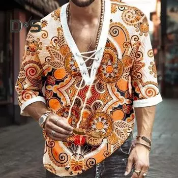 Летний мужской топ с v-образным вырезом на шнуровке, пуловер со средним рукавом и этническим принтом в стиле ретро, свободная повседневная рубашка средней длины M синий