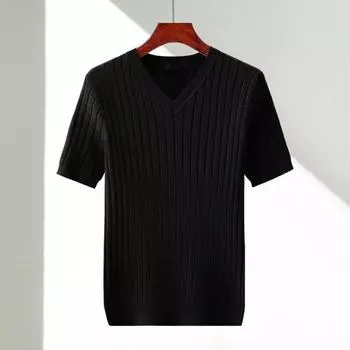 Летний мужской топ с V-образным вырезом, вязаный облегающий крой с короткими рукавами, тонкий однотонный эластичный тонкий пуловер, повседневная спортивная футболка средней длины, повседневная одежда XL чёрный