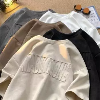 Летний мужской топ Свободный чистый цвет с короткими рукавами в стиле ретро с круглым вырезом и тиснением надписей Повседневный пуловер Мягкая дышащая уличная одежда Топ средней длины в стиле хип-хоп XL абрикосовый