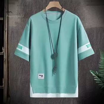 Летний мужской топ Свободный искусственный Teo-кусок с короткими рукавами Сплошной цвет с круглым вырезом с надписью Повседневный пуловер Уличная одежда Средней длины Молодежная футболка в стиле хип-хоп M светло-зеленый