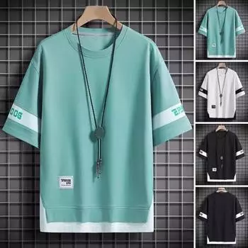 Летний мужской топ Свободный искусственный Teo-кусок с короткими рукавами Сплошной цвет с круглым вырезом с надписью Повседневный пуловер Уличная одежда Средней длины Молодежная футболка в стиле хип-хоп M светло-зеленый