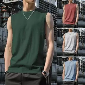 Летний мужской топ, свободный сплошной цвет, без рукавов, мягкий, тонкий, дышащий, быстросохнущий, с круглым вырезом, средней длины, повседневный пуловер, спортивная майка, тренировочный жилет для бега M