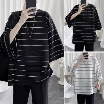 Летний мужской топ в полоску с рукавами три четверти с круглым вырезом Свободный пуловер в японском стиле с разрезом подол средней длины Мягкая повседневная футболка для подростков XL белый