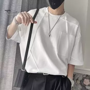 Летний мужской топ в японском стиле с половиной рукавами и круглым вырезом, свободный нагрудный карман, хип-хоп, лоскутный пуловер средней длины, мягкая повседневная футболка для подростков M белый