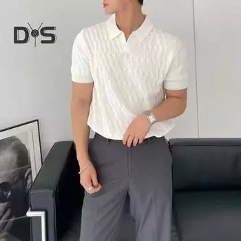 Летний мужской трикотажный топ с V-образным вырезом и лацканами, короткий рукав, однотонный, свободный крой, уникальная текстура, дышащий пуловер, футболка L белый