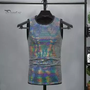 Летний мужской жилет, блестящий металлический жилет без рукавов с круглым вырезом, приталенный, эластичный, средней длины, пуловер на бретелях для выступлений в клубе, шоу на сцене S золотистый