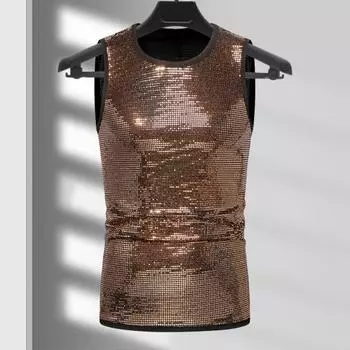 Летний мужской жилет, блестящий металлический жилет без рукавов с круглым вырезом, приталенный, эластичный, средней длины, пуловер на бретелях для выступлений в клубе, шоу на сцене S серебряный