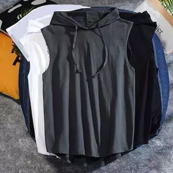 Летний мужской жилет с капюшоном без рукавов, однотонный, быстросохнущий, с завязками, уменьшающий потоотделение, свободный топ для фитнеса, спорта, бега XL чёрный