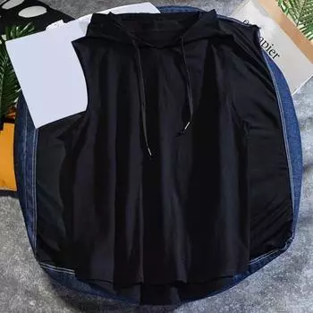 Летний мужской жилет с капюшоном без рукавов, однотонный, быстросохнущий, с завязками, уменьшающий потоотделение, свободный топ для фитнеса, спорта, бега XL чёрный