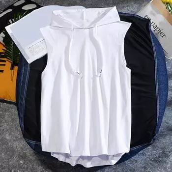 Летний мужской жилет с капюшоном без рукавов, однотонный, быстросохнущий, с завязками, уменьшающий потоотделение, свободный топ для фитнеса, спорта, бега XL чёрный