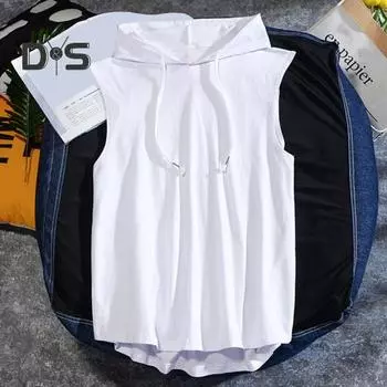 Летний мужской жилет с капюшоном без рукавов, однотонный, быстросохнущий, с завязками, уменьшающий потоотделение, свободный топ для фитнеса, спорта, бега XL белый