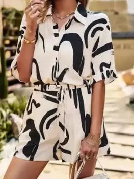 Летний набивной костюм женский свободный повседневный рубашка шорты костюм из двух частей S зелёный