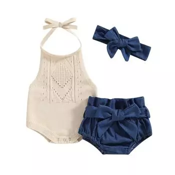 Летний наряд для девочки, однотонный трикотажный свитер с завязками на шее, комбинезон, джинсовые шорты с поясом и повязкой на голову, комплект из 3 предметов одежды