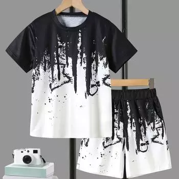 Летний наряд для мальчиков: Крутая черно-белая футболка с круглым вырезом и диагональным карманом 100cm