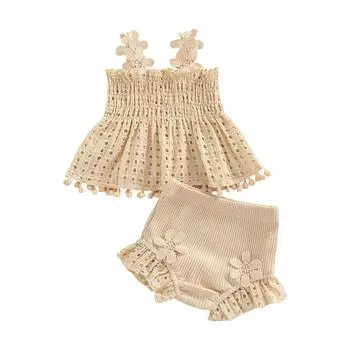 Летний наряд для маленьких девочек, однотонные плиссированные топы на бретелях и эластичные повседневные шорты с рюшами, комплект 0-3 Months абрикосовый