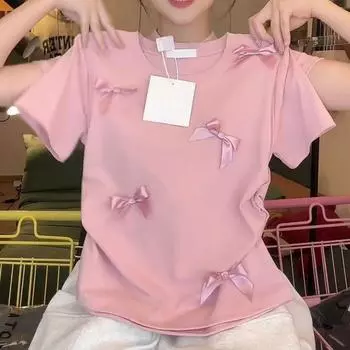 Летний наряд для молодой женщины, повседневный трикотажный топ с короткими рукавами, однотонный бант, милая облегающая модная футболка S белый