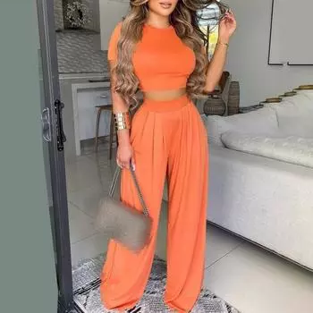 Летний наряд, классический, трогательный домашний костюм с круглым вырезом, укороченный топ, прямые широкие брюки, комплект, комплект из топа и брюк, уличная одежда 3XL легкие хаки