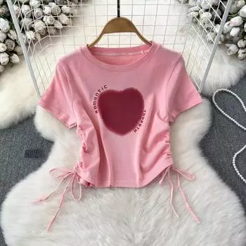 Летний новый дизайн с сердечками, милые топы Spice Girl с круглым вырезом и принтом «Любовь», футболка на шнуровке, повседневная женская модная блузка с коротким рукавом One Size розовый