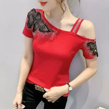 Летний новый дизайн сексуальный модный топ маленькая рубашка с открытыми плечами горячая ромбовидная полая футболка с коротким рукавом женская S чёрный