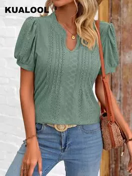 Летний новый европейский и американский женский повседневный топ с круглым вырезом, полыми пуговицами и короткими рукавами S чёрный