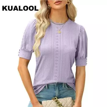 Летний новый европейский и американский женский повседневный топ с круглым вырезом, полыми пуговицами и короткими рукавами