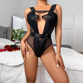 Летний новый комбинезон сетка большая резинка круглая пряжка сращивание сексуальная сексуальная одежда S