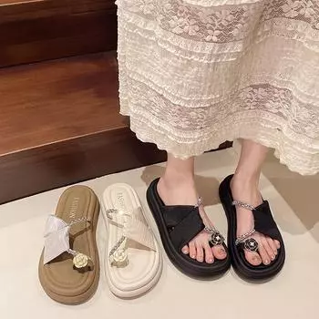 Летний новый комплект тапочек с цветочным принтом, корейская версия, на толстой подошве, с мягкой подошвой, модные тапочки с одной педалью 35 бежевый