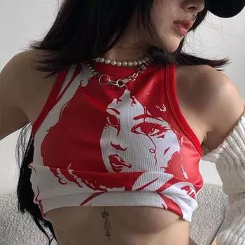 Летний новый круглый вырез пуловер без рукавов портретный принт пупок женский топ жилет S красный