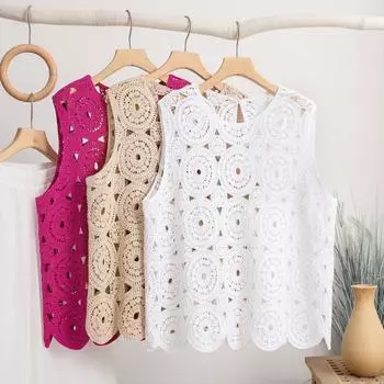 Летний новый литературный жилет крючком ажурный вязаный маленький жилет однотонный свободный и тонкий внешний топ для женщин One size белый