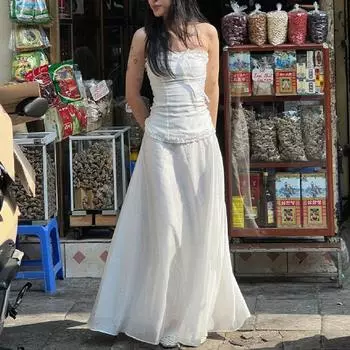 Летний новый милый жилет на шнуровке без бретелек с лоскутным комплектом длинной юбки без рукавов, женские элегантные модные кружевные галстуки-бабочки с оборками, свободные юбки трапециевидной формы 1080 S белый