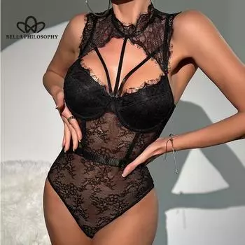 Летний новый модный сексуальный комплект с круглым вырезом, черный кружевной прозрачный облегающий комбинезон XS чёрный