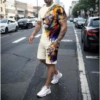 Летний новый мужской комплект из 2 предметов: футболка с короткими рукавами, шорты и 3D-принт тигра и льва, повседневный уличный спортивный комплект из 3 предметов S